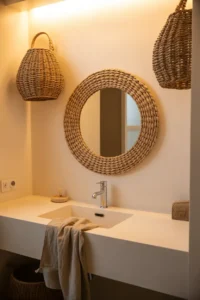 Large round rattan woven mirror centered on warm white wall