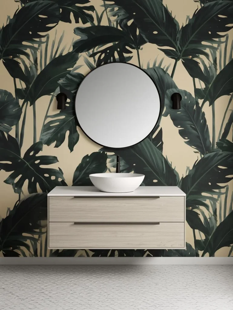 back wall behind a floating white oak vanity