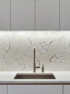 backsplash of large crackle-glaze ceramic tiles