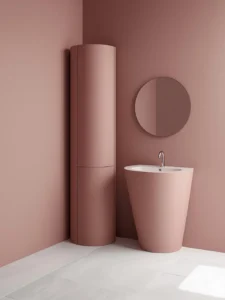 bathroom corner where a tall curved cabinet