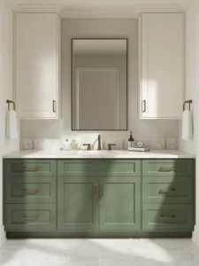 bathroom vanity with a clear two-tone cabinet finish