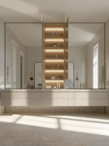 bathroom where a floor-to-ceiling full-width mirror cabinet