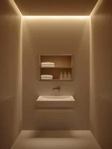 bathroom where the wall is entirely coated in warm sand-toned micro-plaster