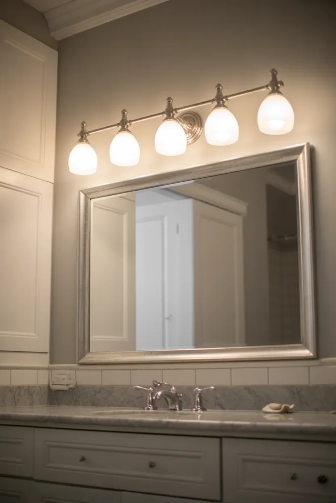 bathroom with a five-light brushed nickel vanity