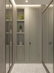 bathroom with a full-height recessed storage tower