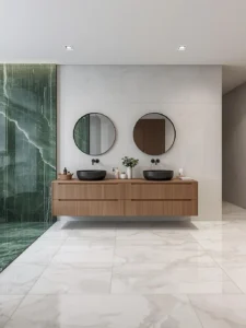 bathroom with a long floating double vanity cabinet