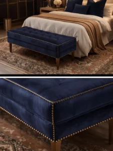bedroom bench upholstered in deep midnight blue linen