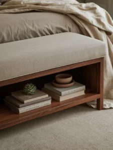 bedroom bench with a thick linen-upholstered cushion