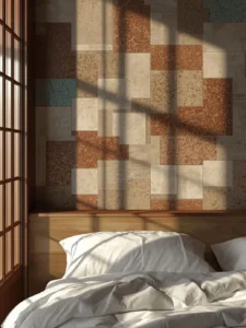 bedroom headboard wall covered in an irregular patchwork of handmade ceramic tiles