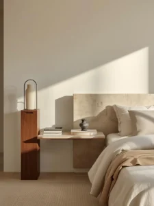 bedroom showing a deliberately asymmetric bedside setup