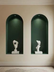 bedroom wall featuring two tall symmetrical arched niches