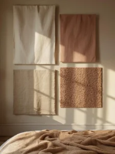 bedroom wall styled as a gallery of stretched fabric panels