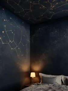 bedroom where the ceiling and upper portion of one wall are painted in deep midnight navy