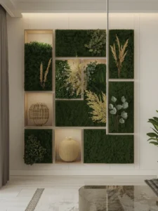 bedroom with a large rectangular wall installation made of deep green preserved moss