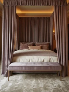 bench upholstered in the exact same deep dusty mauve silk velvet