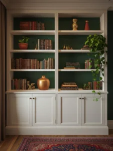 bookshelf with a deep emerald green painted back panel