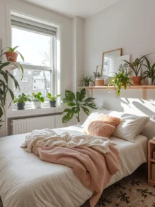bright dorm room with indoor plants