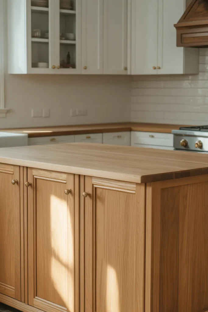 bright kitchen featuring white upper cabinets paired with natural white oak lower cabinet fronts and an oak butcher block island top