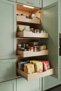 built-in kitchen cabinet with three pull-out wooden drawers fully extended