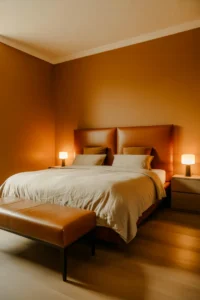 caramel amber painted walls, off-white trim and ceiling