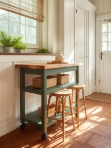 charming tiny kitchen with a freestanding rolling island