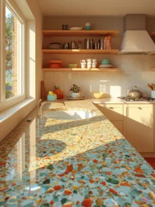 cheerful kitchen with a recycled glass terrazzo countertop