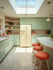 cheerful kitchen with mint green shaker-style cabinetry