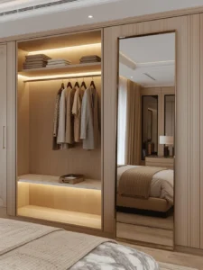 chic bedroom with an open integrated dressing zone