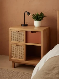 close-up editorial product shot of a modular nightstand system