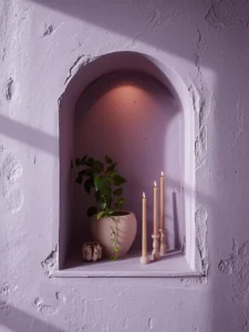 close-up editorial shot of a lavender limewash wall