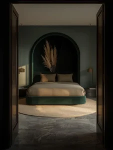 confident bedroom with a king bed placed diagonally