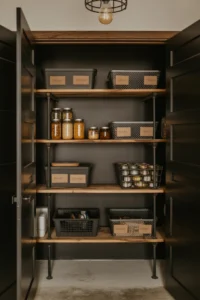converted closet pantry with black iron pipe shelving