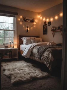 cozy dorm room with fluffy rug
