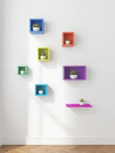 crisp white wall with seven small floating shelves