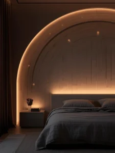 dimly lit bedroom at dusk showing a curved white plaster accent wall