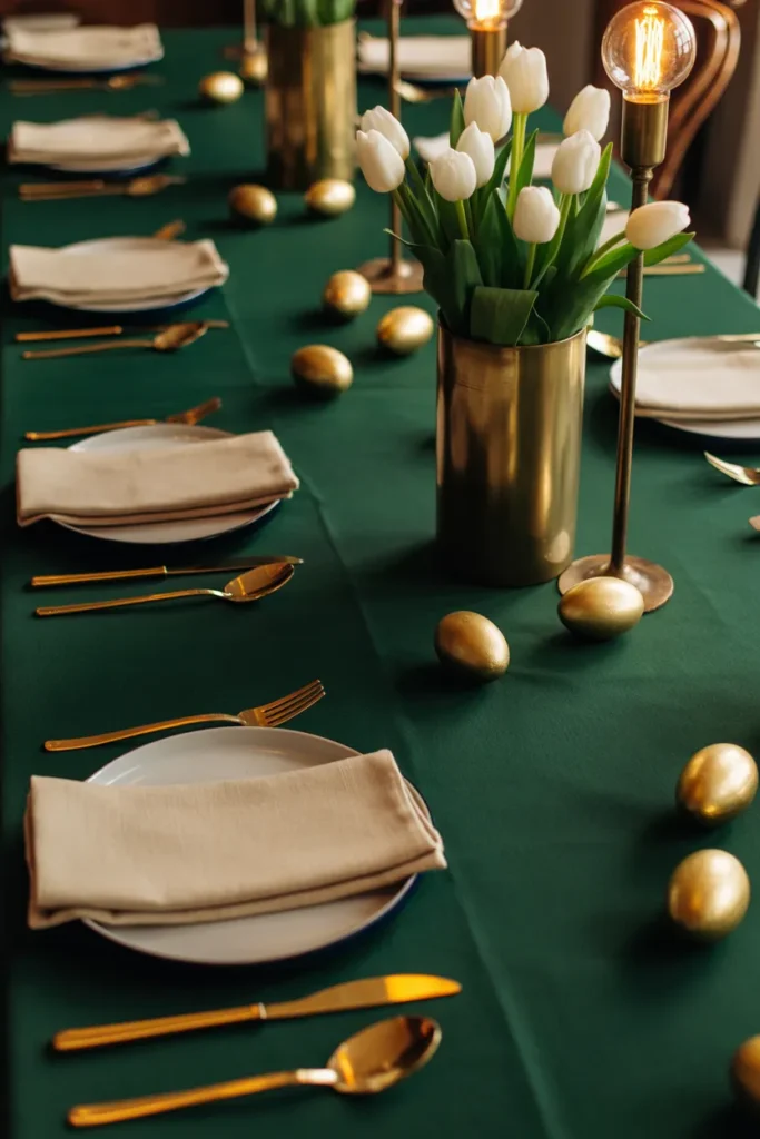 dining table set with a deep forest green tablecloth. Cream linen napkins folded neatly at each setting