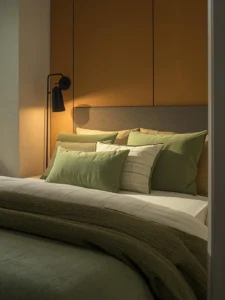 dorm room with sage green bedding