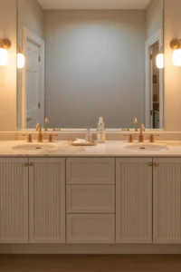 double vanity with fluted cabinet fronts in warm white