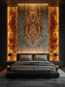 dramatic master bedroom with a large wall panel made of translucent white and amber onyx