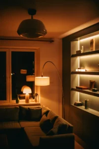 dramatic warm lighting scene in a family room at night