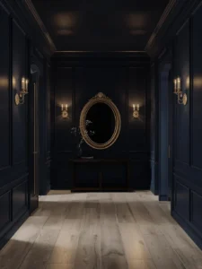 entry hall painted floor-to-ceiling in deep midnight navy