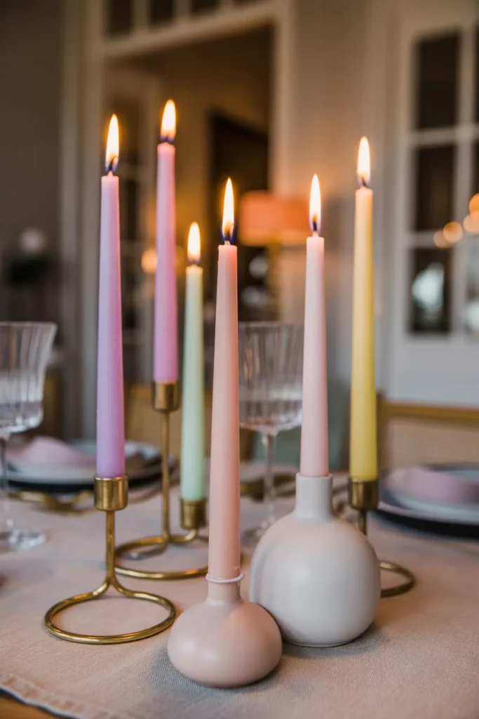 five lit pastel taper candles in a mix of thin brass and matte white ceramic candleholders