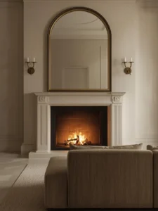 floor-to-ceiling arched fireplace in smooth white plaster
