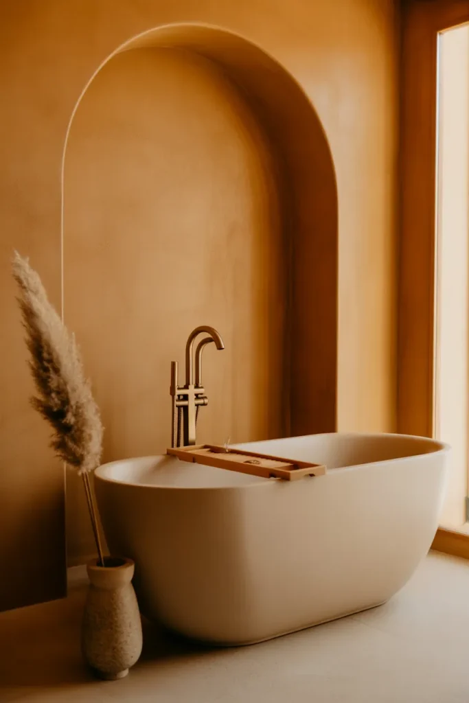 freestanding matte white oval bathtub positioned against a feature wall of warm terracotta limewash plaster