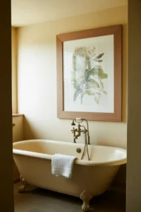 freestanding white soaking tub against wall