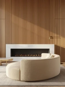 full feature wall clad in warm honey-oak fluted wood