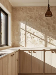 full-height sculpted plaster-look ceramic tiles