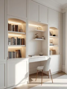 full-wall built-in storage system in matte white with open display niches