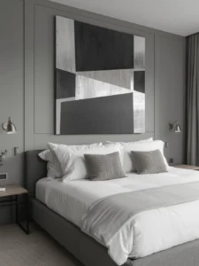 gray bedroom with abstract wall art