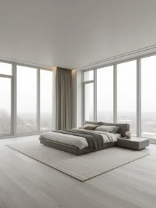 gray bedroom with large windows